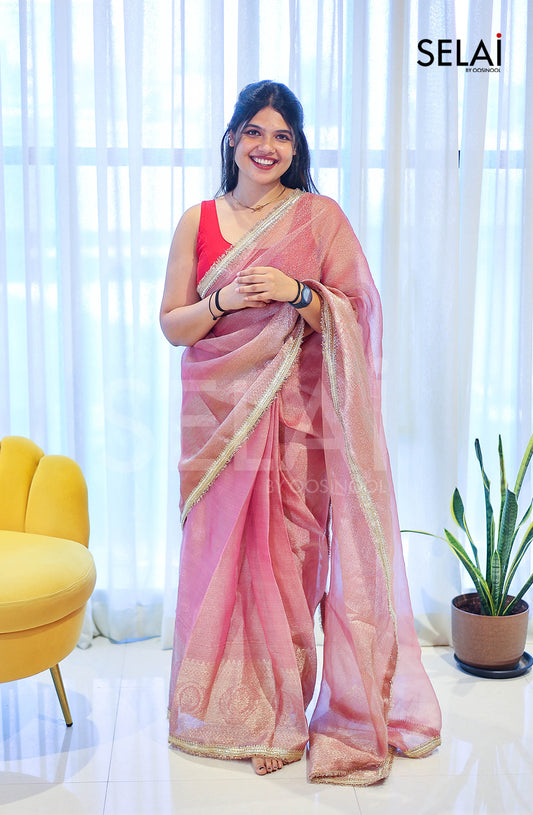 Pastel Crushed Tissue Saree with Gold Zari Border (Pink)