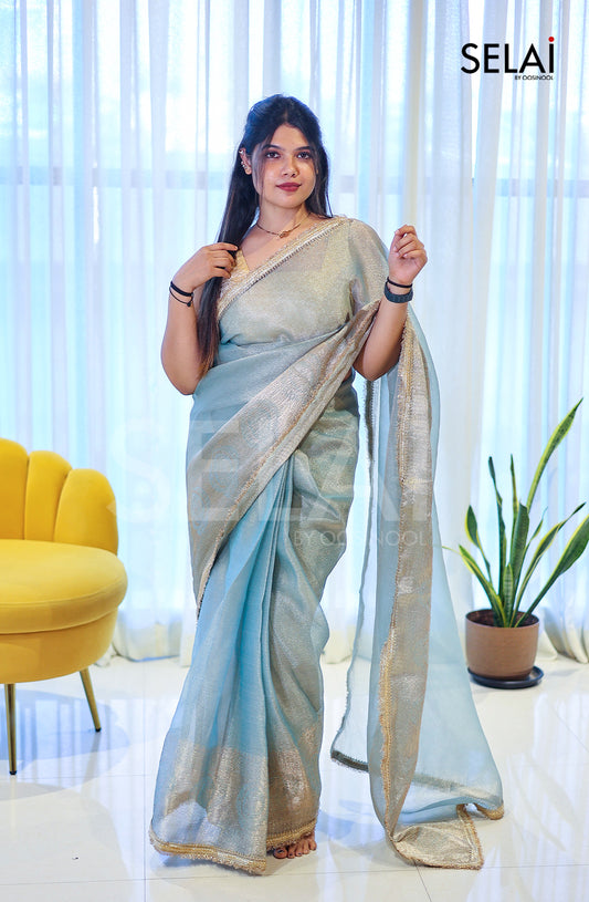 Pastel Crushed Tissue Saree with Gold Zari Border (Blue)
