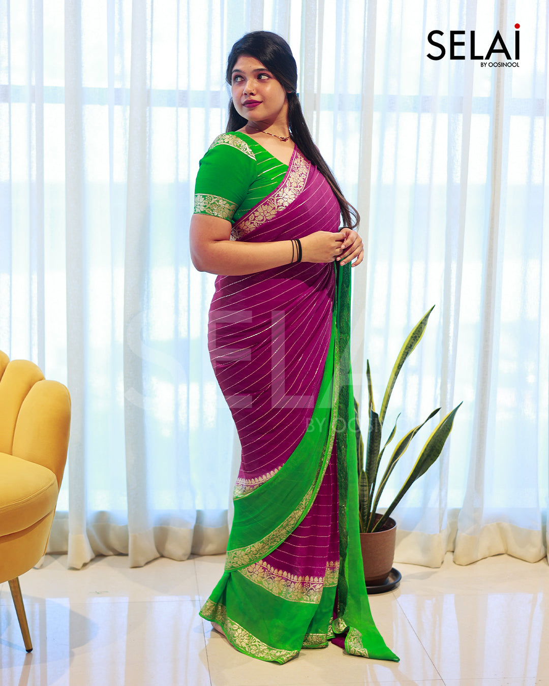 Viscose Georgette Saree with Silk Stripes and Contrast Border
