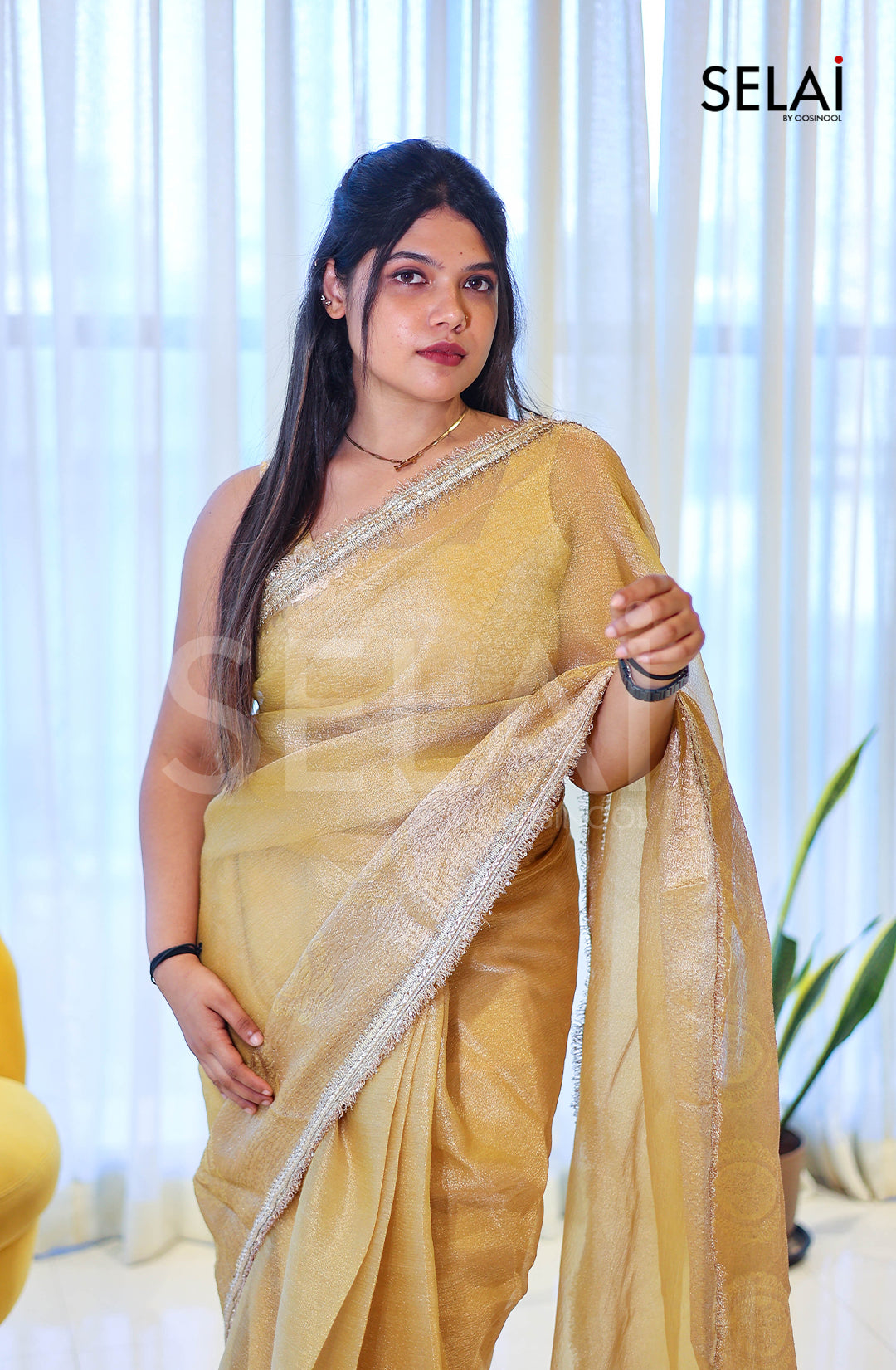 Pastel Crushed Tissue Saree with Gold Zari Border (Yellow)