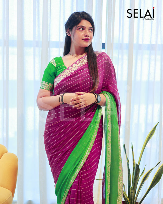 Viscose Georgette Saree with Silk Stripes and Contrast Border