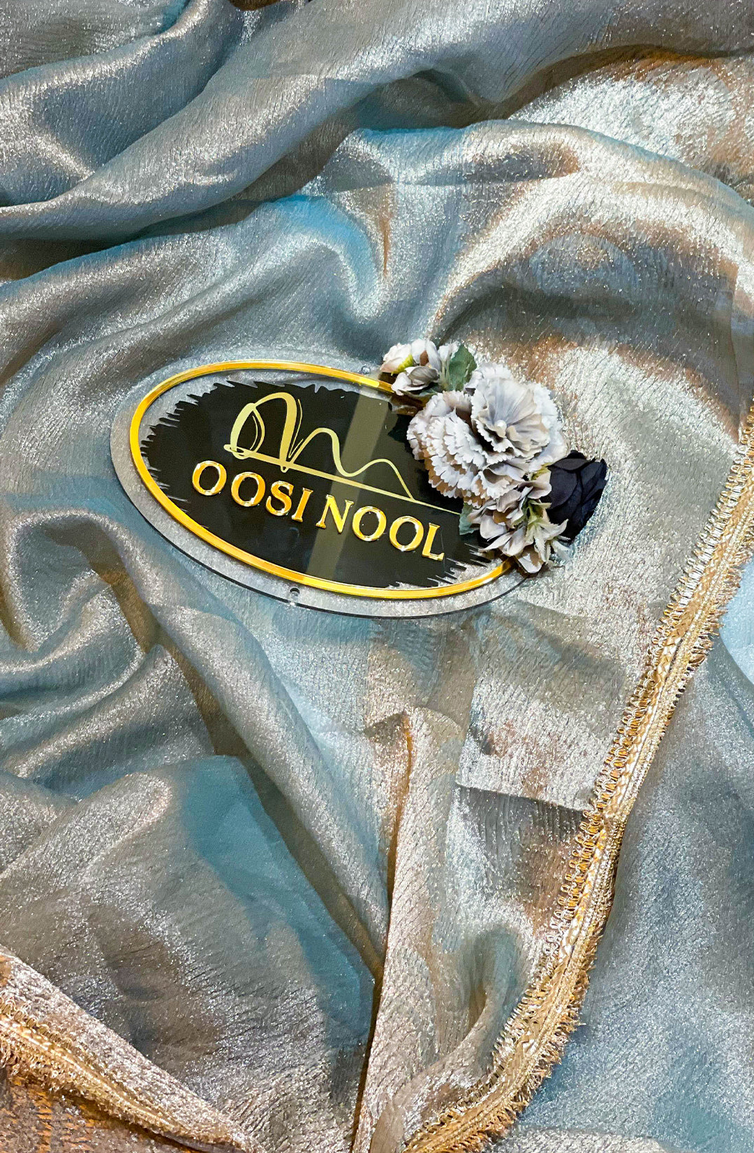 Pastel Crushed Tissue Saree with Gold Zari Border (Blue)