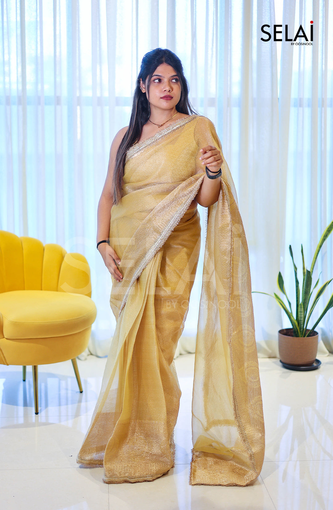 Pastel Crushed Tissue Saree with Gold Zari Border (Yellow)
