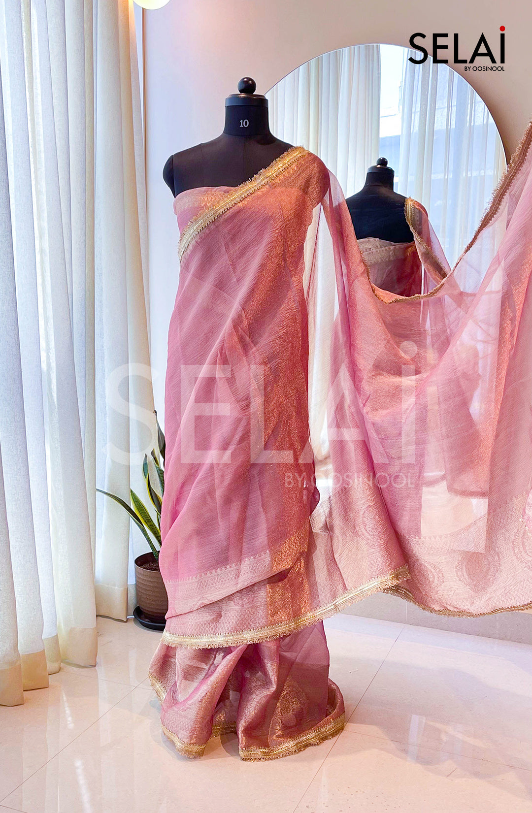 Pastel Crushed Tissue Saree with Gold Zari Border (Pink)