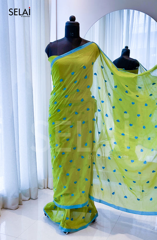 Heart Mulmul Cotton Saree (Green)