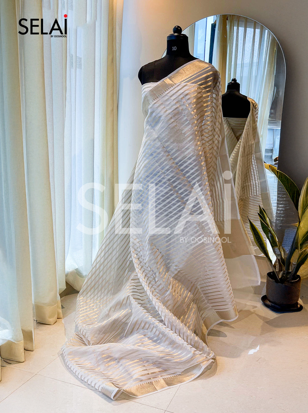 Zari striped Tissue Ready to Wear Saree (White)