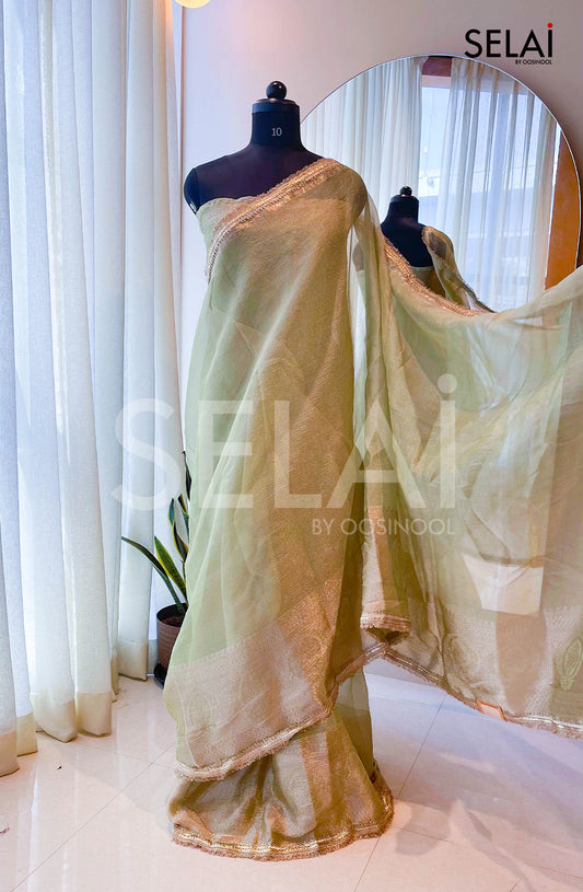 Pastel Crushed Tissue Saree with Gold Zari Border (Green)