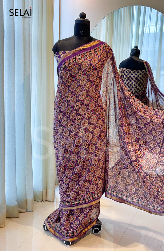 Ajrakh Print Cotton Saree (Purple with white)
