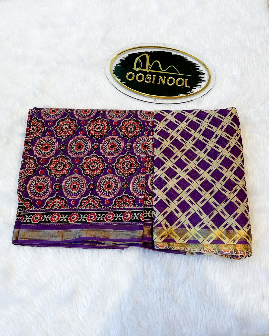 Ajrakh Print Cotton Saree (Purple with white)