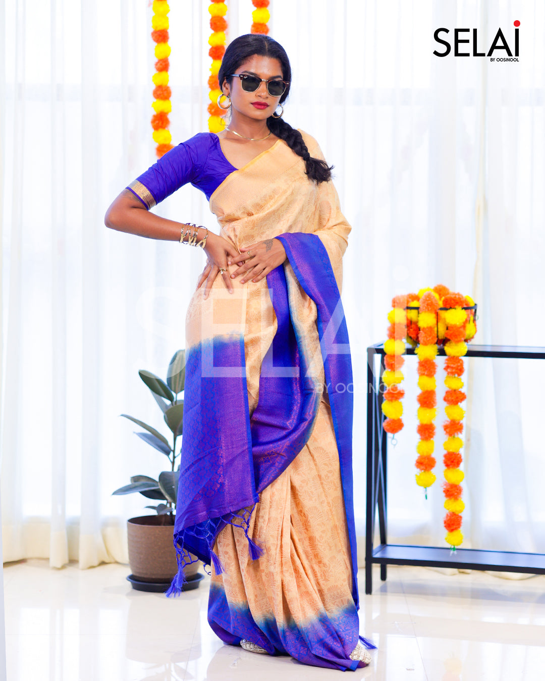 Floral Semi Silk Saree (Cream with Blue)