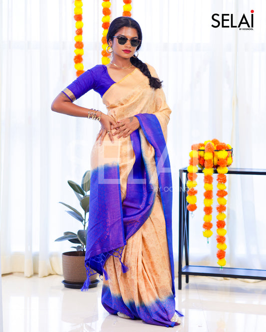 Floral Semi Silk Saree (Cream with Blue)