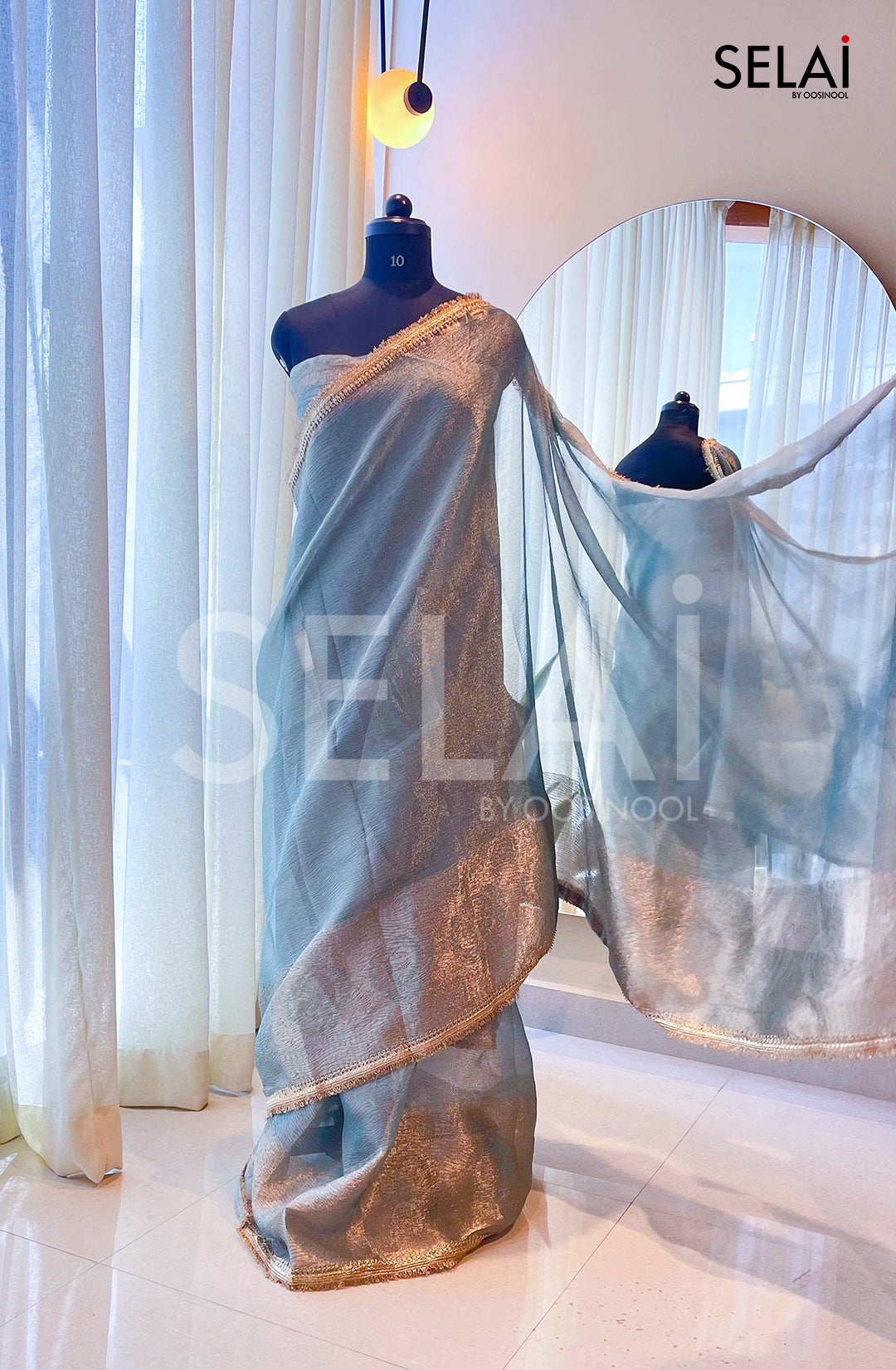 Pastel Crushed Tissue Saree with Gold Zari Border (Blue)