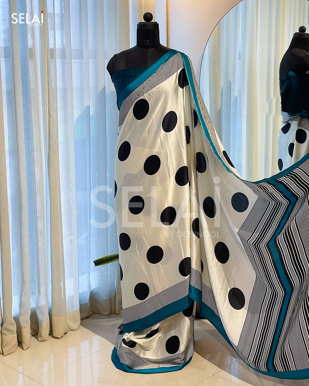 Satin Polka Dot saree (Blue)