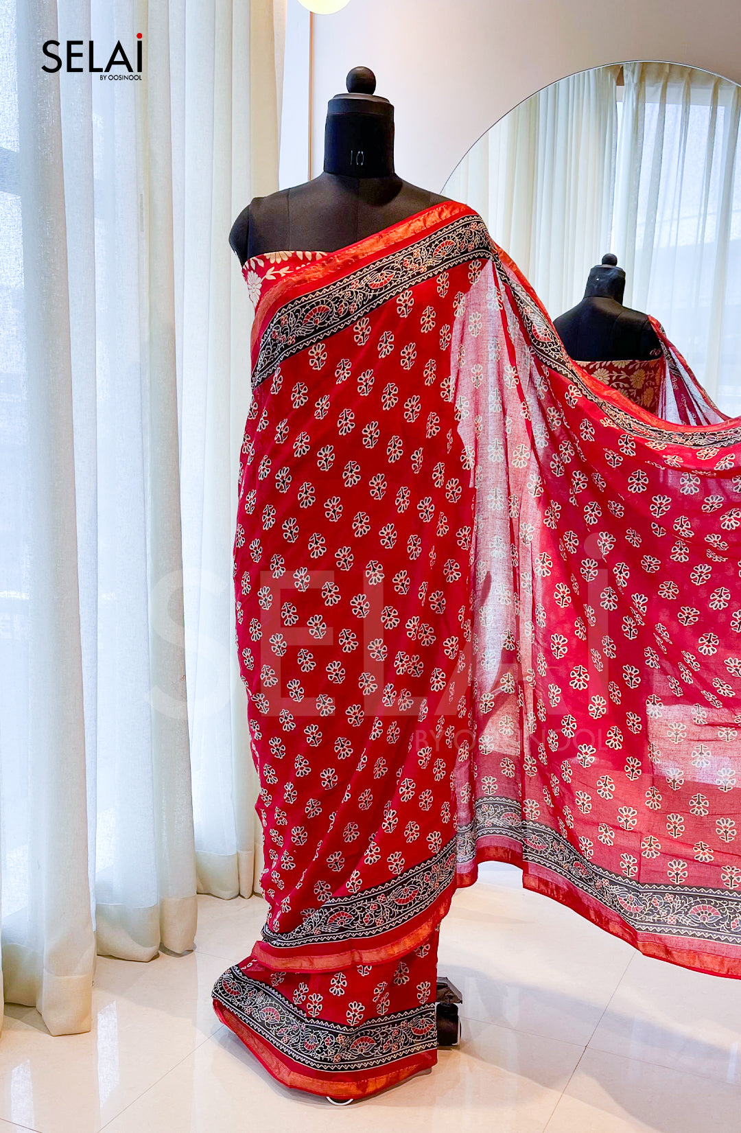 Ajrakh Print Cotton Saree (Red with Cream)