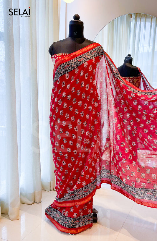 Ajrakh Print Cotton Saree (Red with Cream)