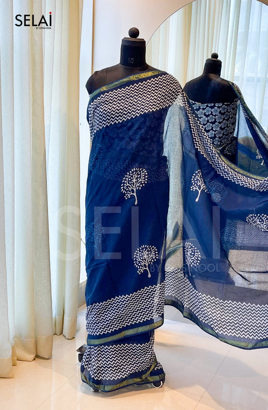 Ajrakh Print Cotton Saree (Indigo & white with tree print)