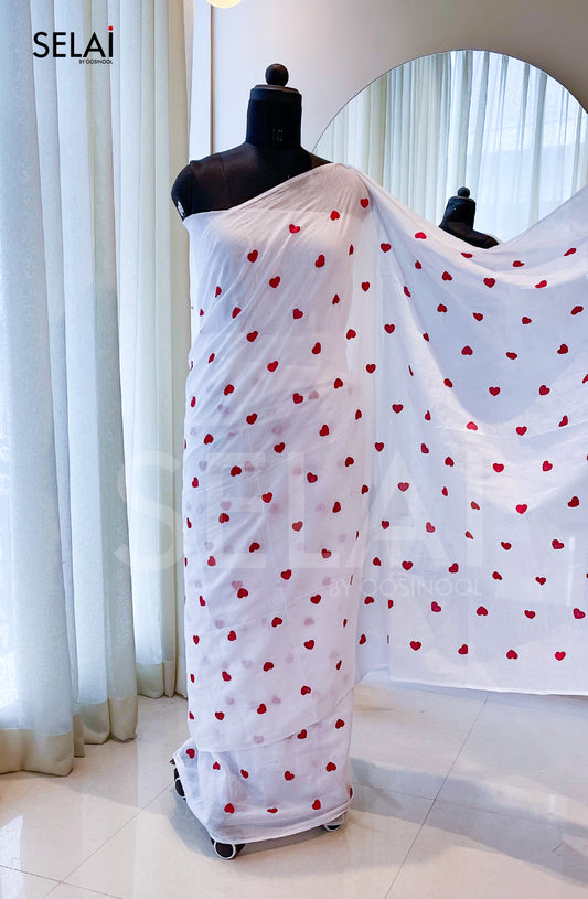 Heart Mulmul Cotton Saree (White)