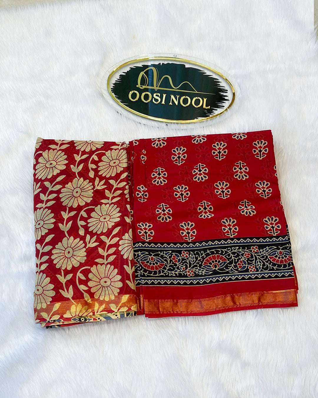 Ajrakh Print Cotton Saree (Red with Cream)