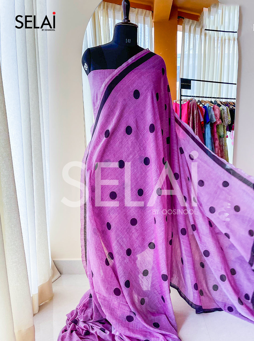 Polka Dot Mulmul Cotton Saree (Purple)