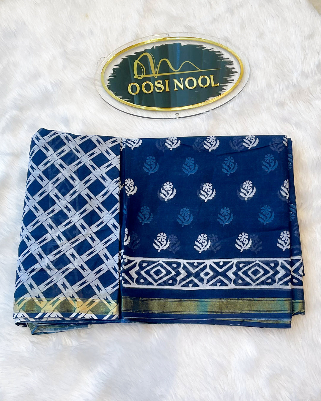 Ajrakh Print Cotton Saree (Indigo & white with small flowers)