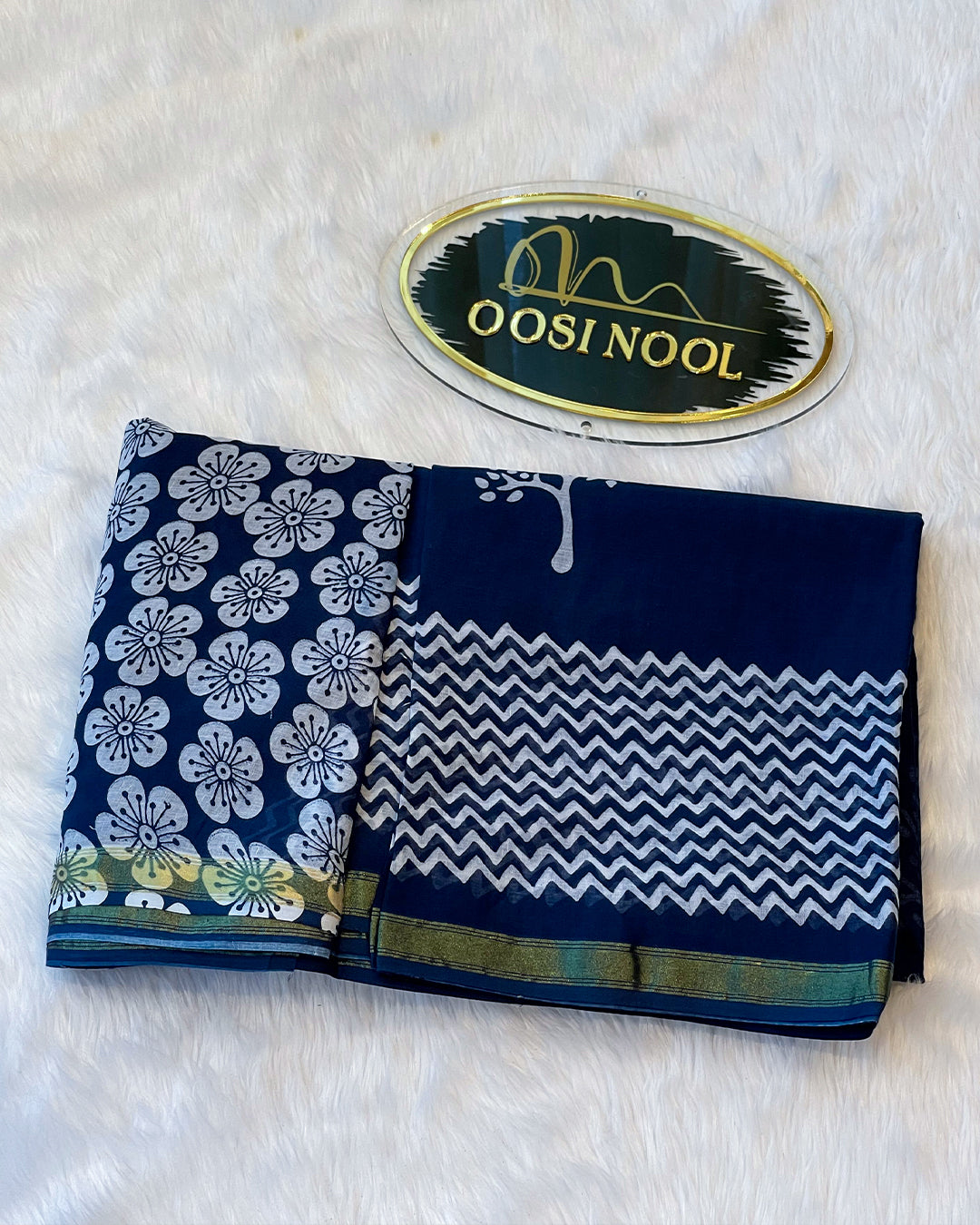Ajrakh Print Cotton Saree (Indigo & white with tree print)