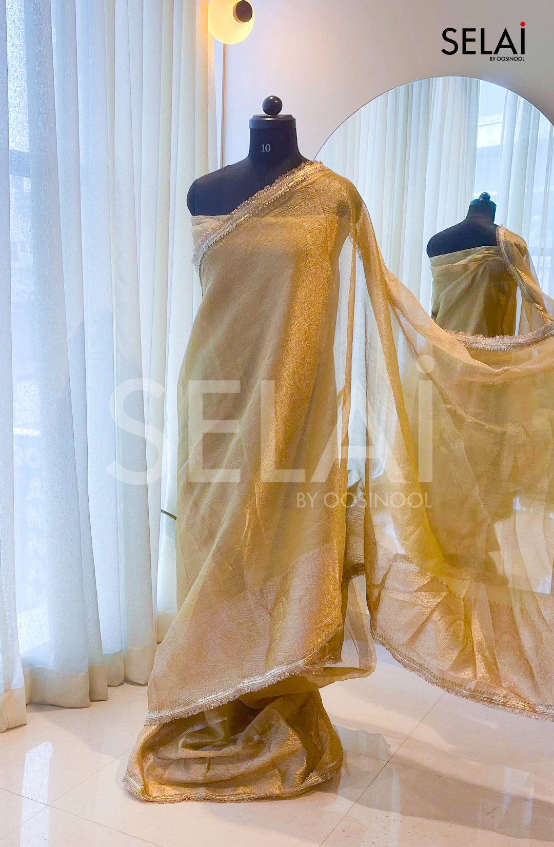 Pastel Crushed Tissue Saree with Gold Zari Border (Yellow)
