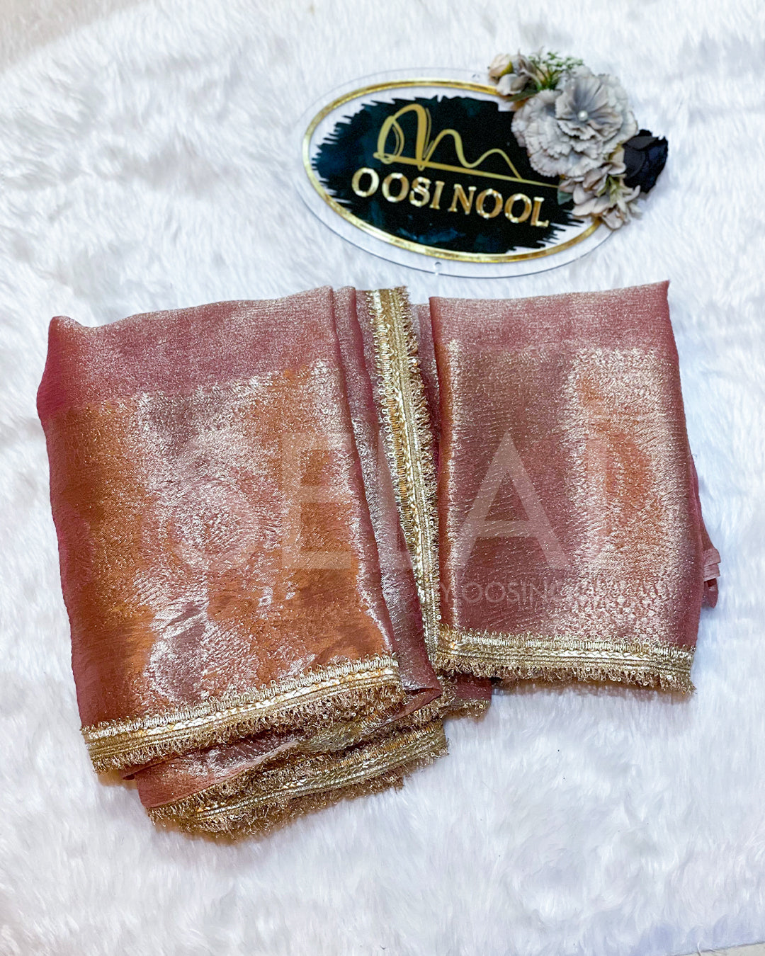 Pastel Crushed Tissue Saree with Gold Zari Border (Pink)