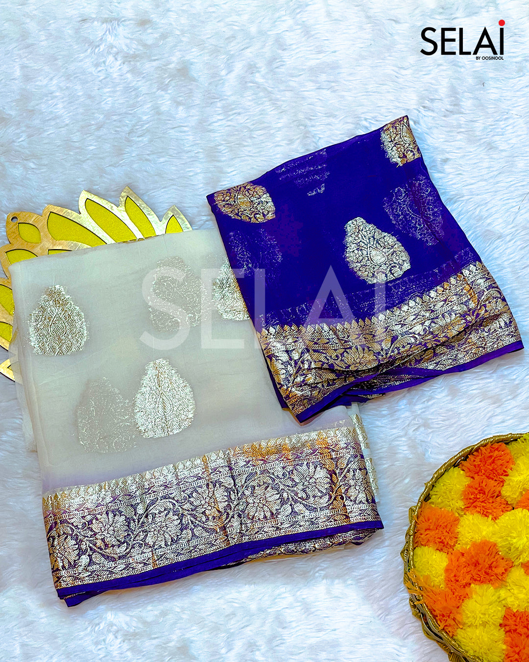 Viscose Georgette Saree with Silk Buttas and Contrast Border (Blue)