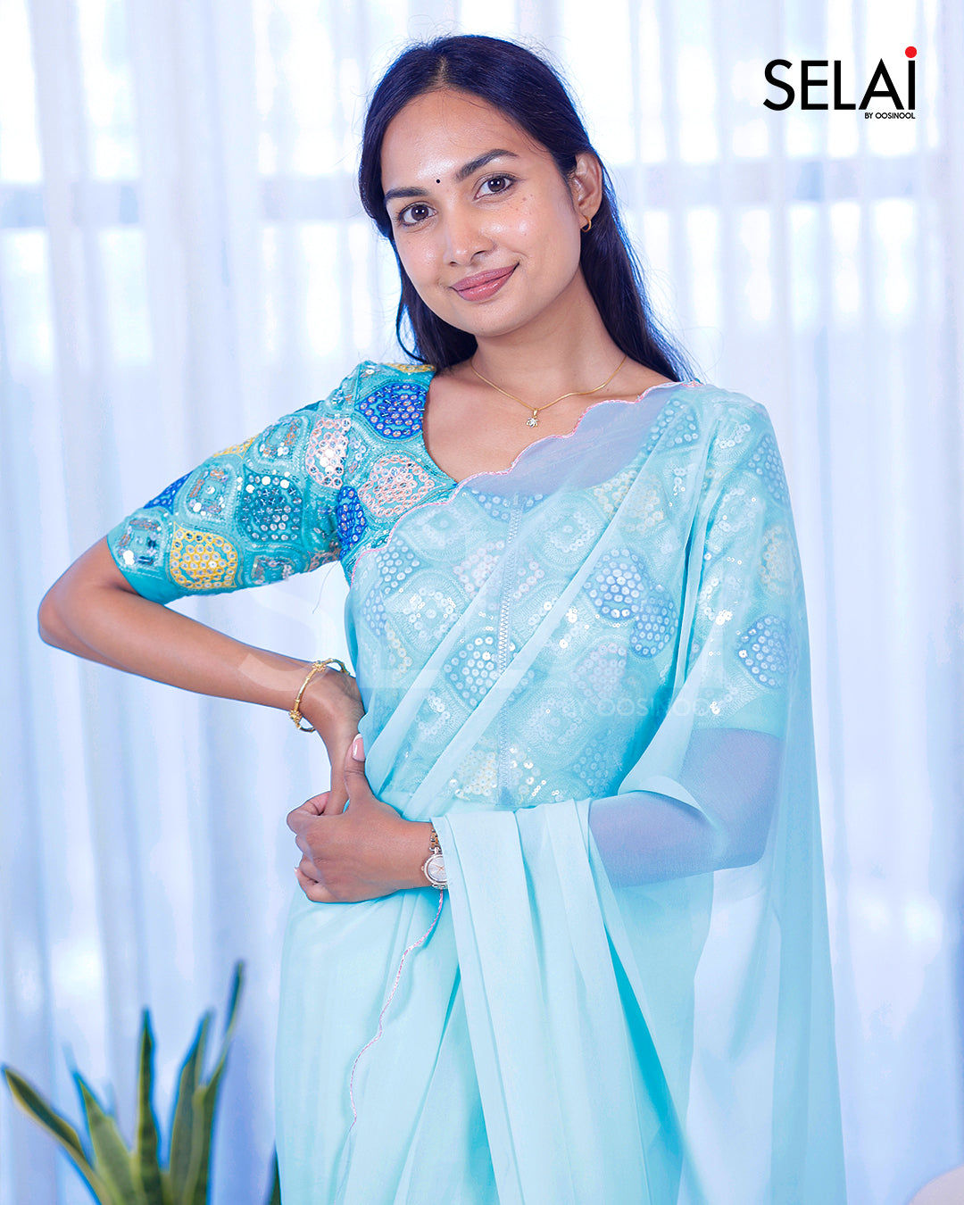 Georgette Scallop Saree (Blue)