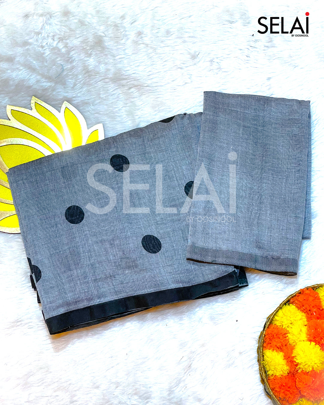Polka Dot Mulmul Cotton Saree (Grey)