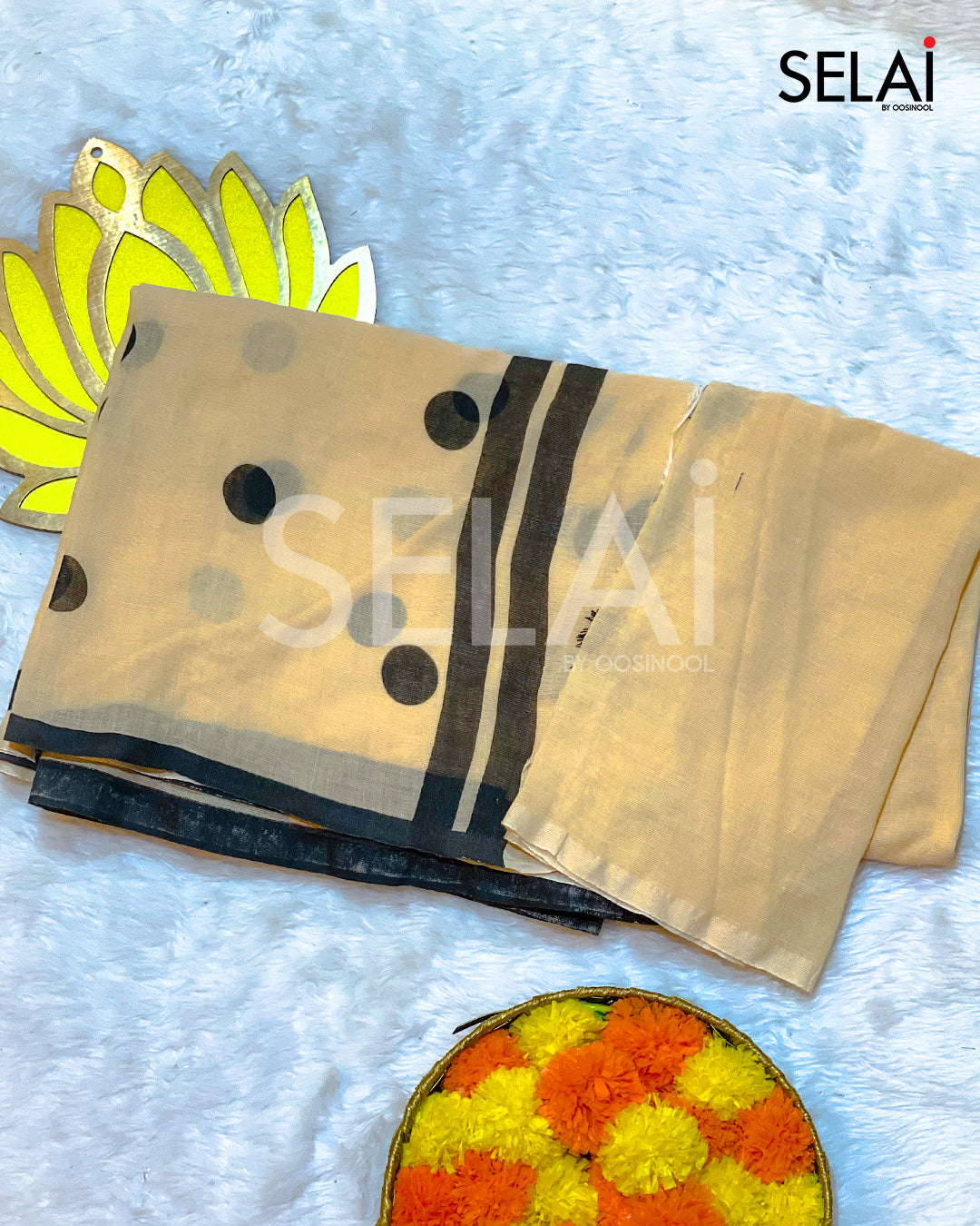 Polka Dot Mulmul Cotton Saree (Cream)