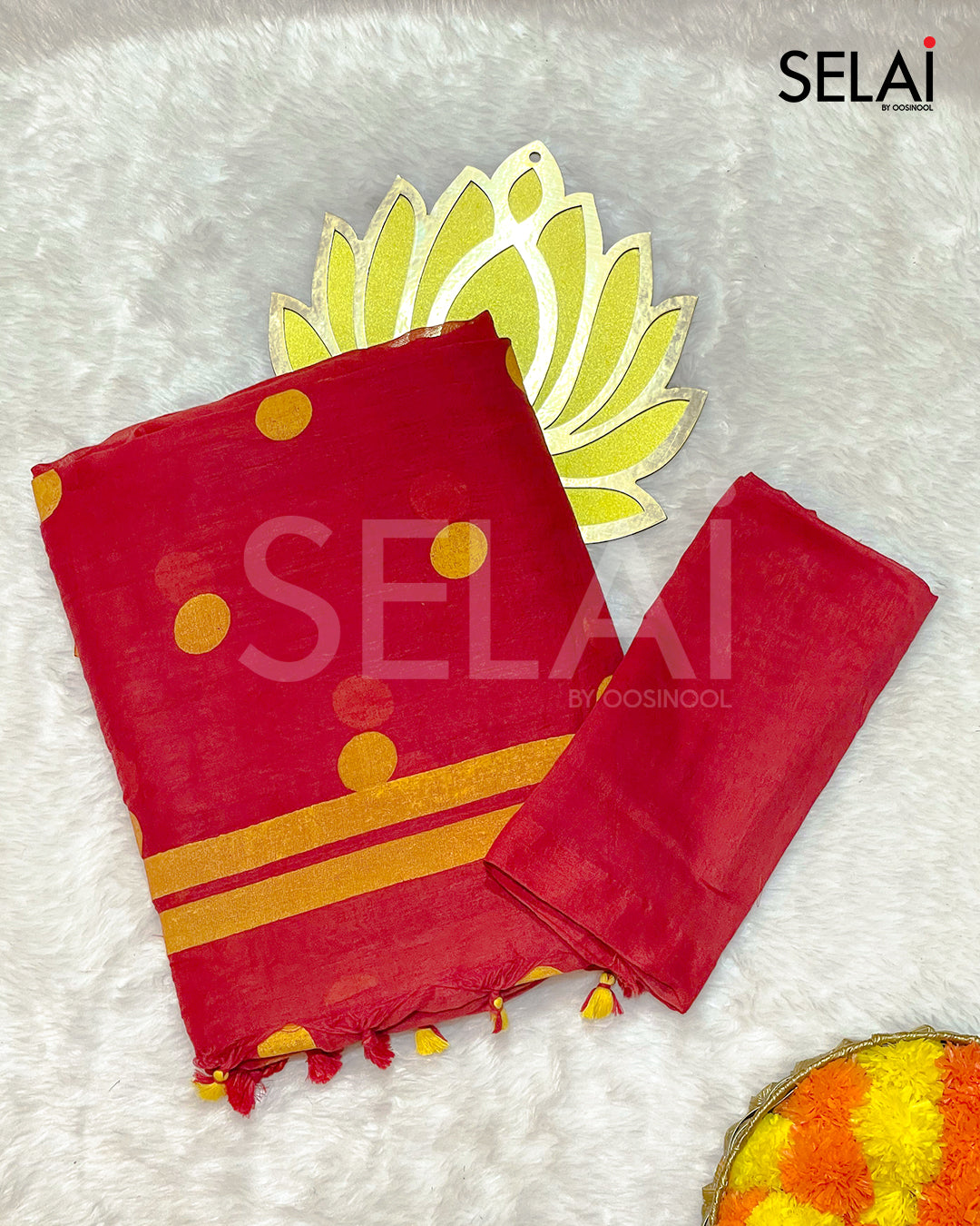 Polka Dot Mulmul Cotton Saree (Red with Yellow)