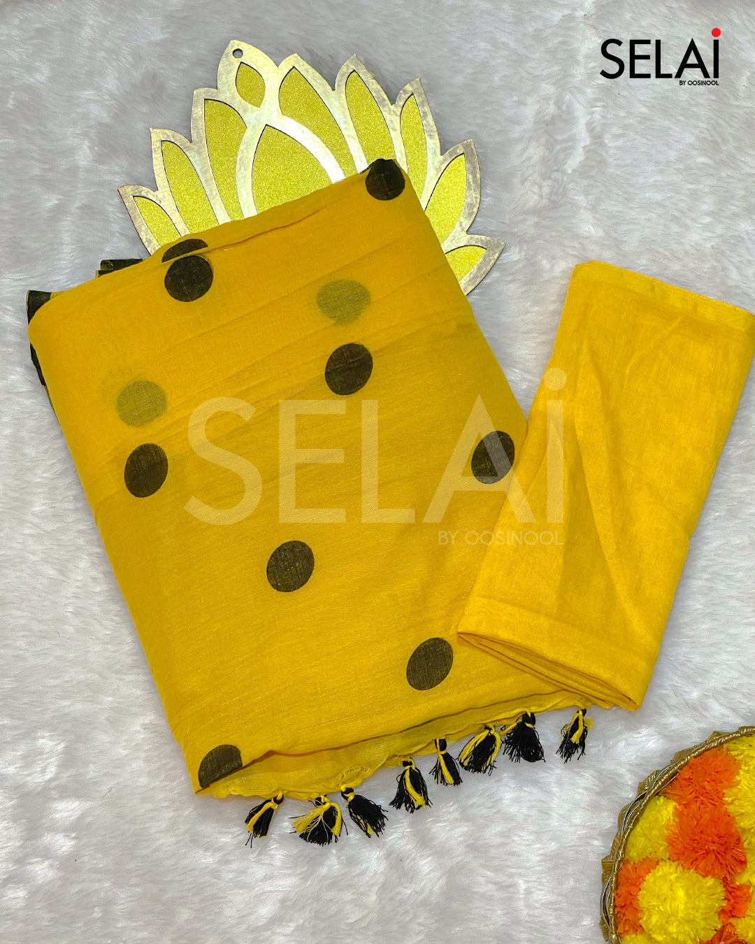 Polka Dot Mulmul Cotton Saree (Yellow)