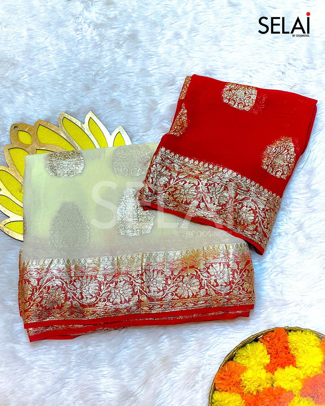 Viscose Georgette Saree with Silk Buttas and Contrast Border (Red)