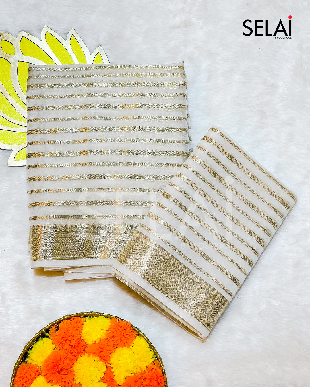 Zari striped Tissue Ready to Wear Saree (White)