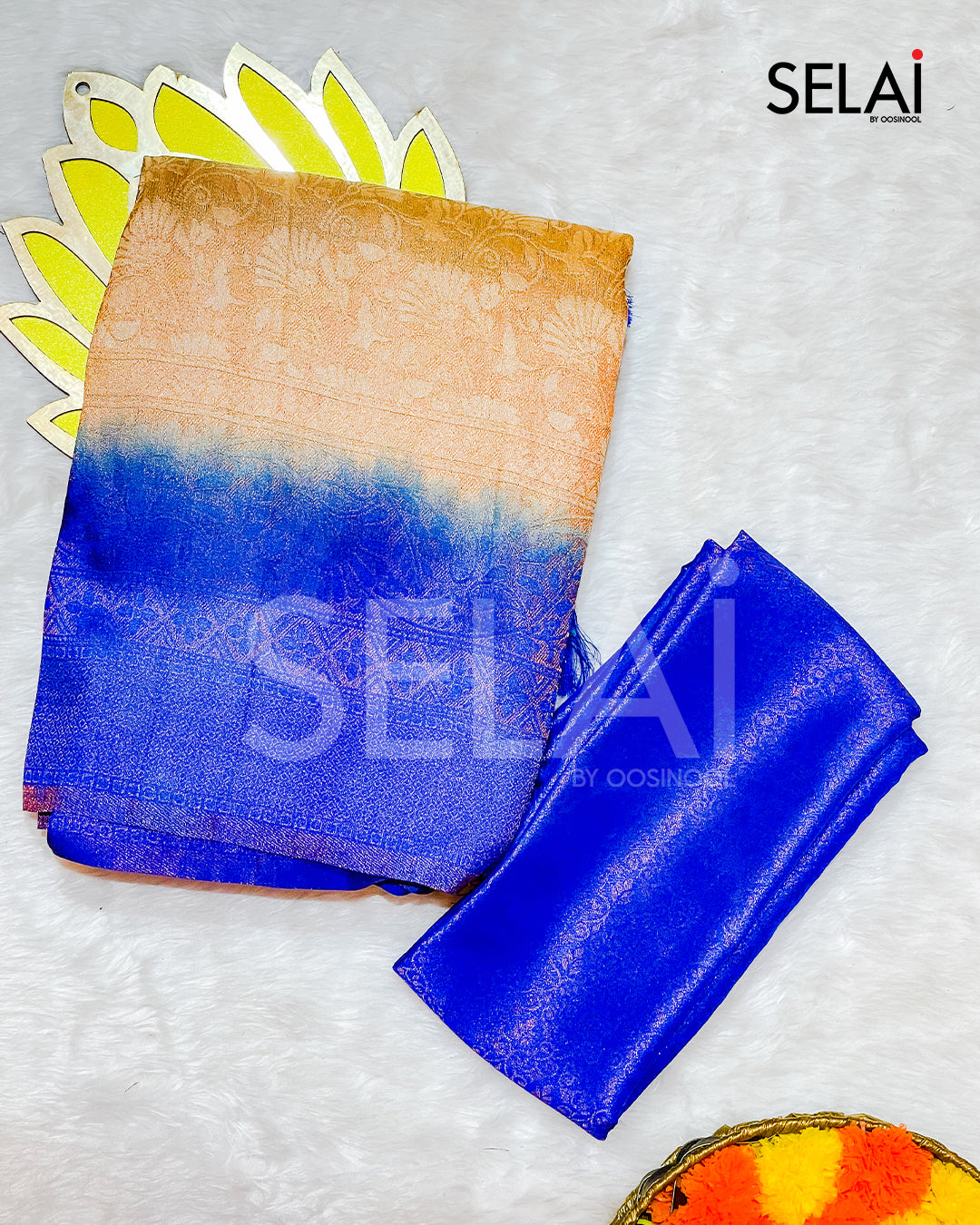Floral Semi Silk Saree (Cream with Blue)