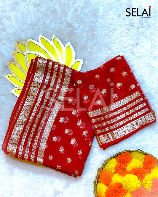 Viscose Georgette with Silk Buttas and Multi border (Red)