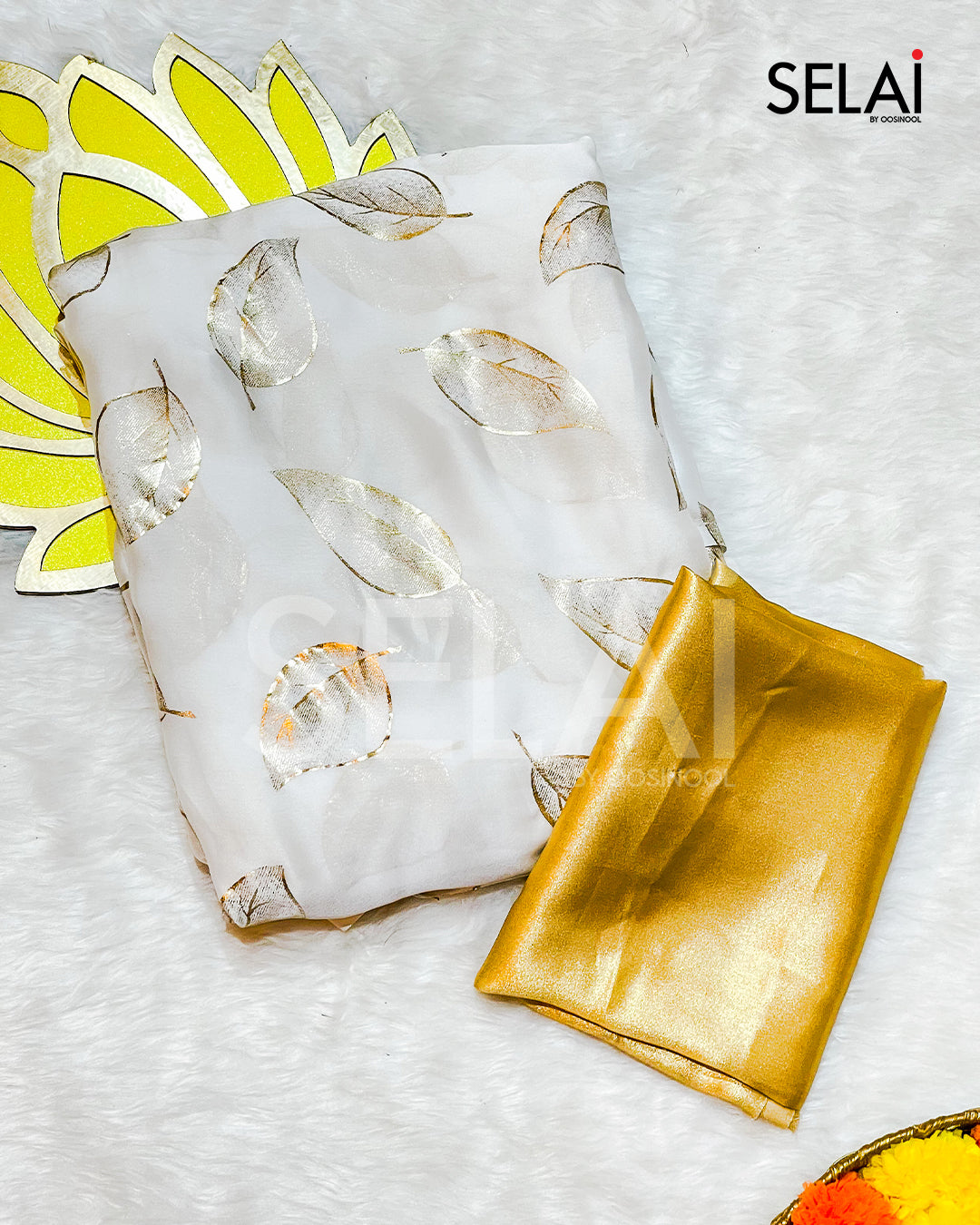 Gold foil print leave white Georgette