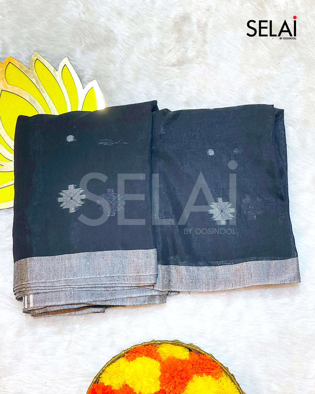 Diamond Mulmul Cotton Saree (Black)
