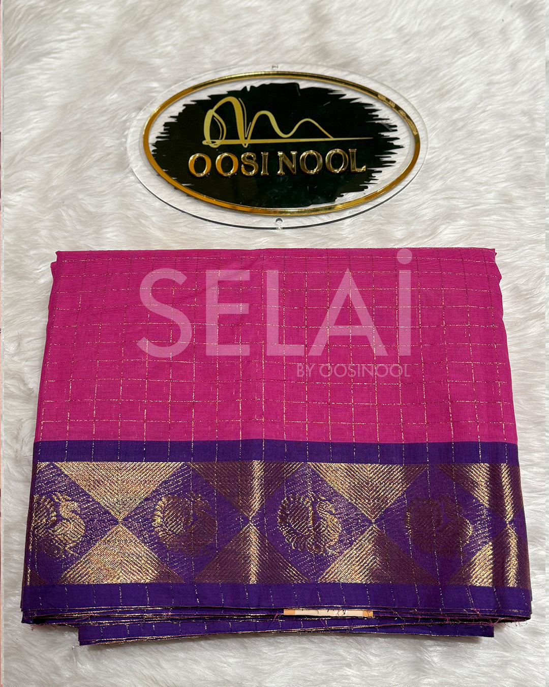 Checked Chettinad Cotton Saree (Pink & Purple Border)