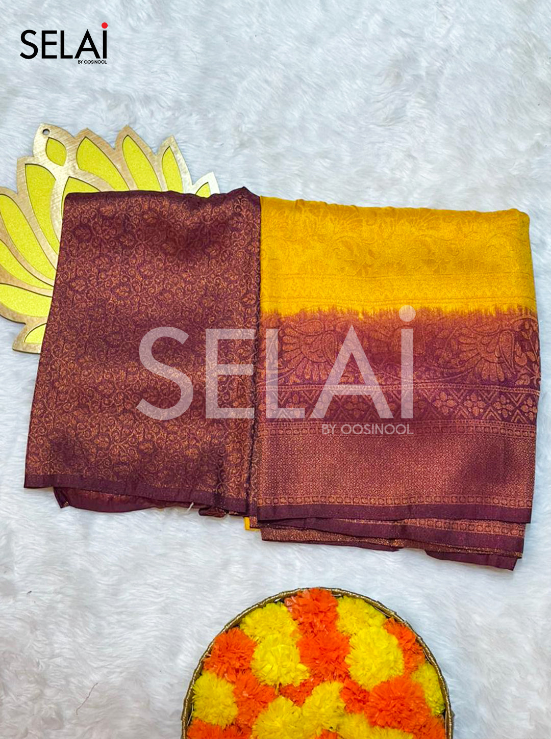 Floral Semi Silk Saree (Yellow with maroon)
