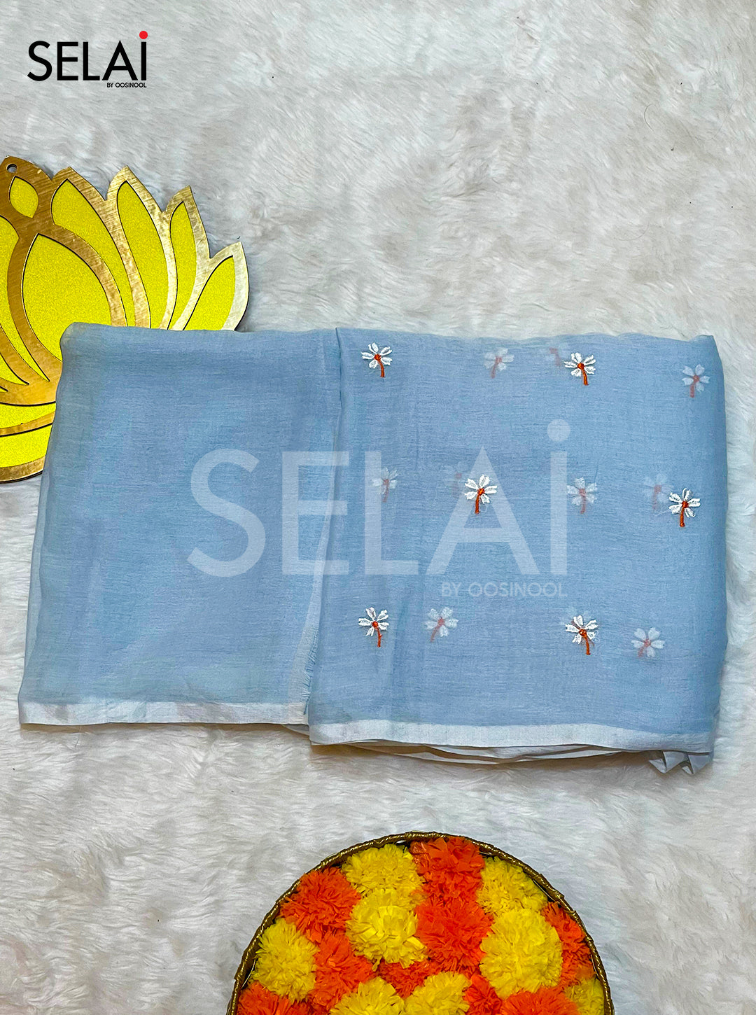Embroidered Mulmul Cotton Saree (Sky Blue)