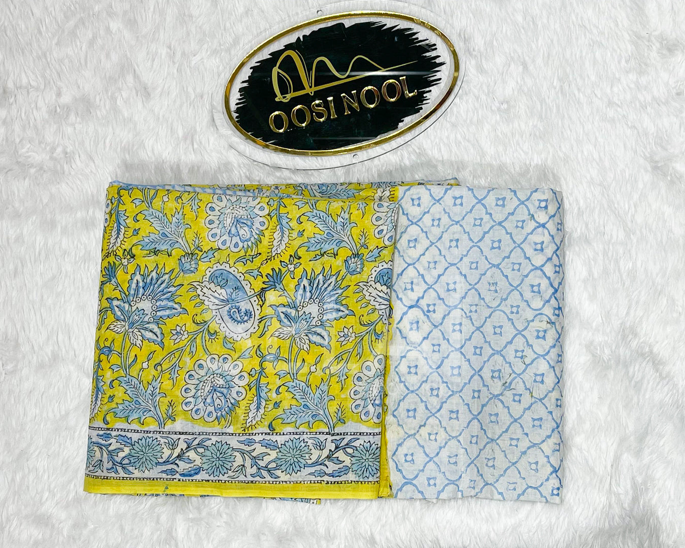 Ajrakh Print Mulmul Cotton Saree (Yellow & Blue)
