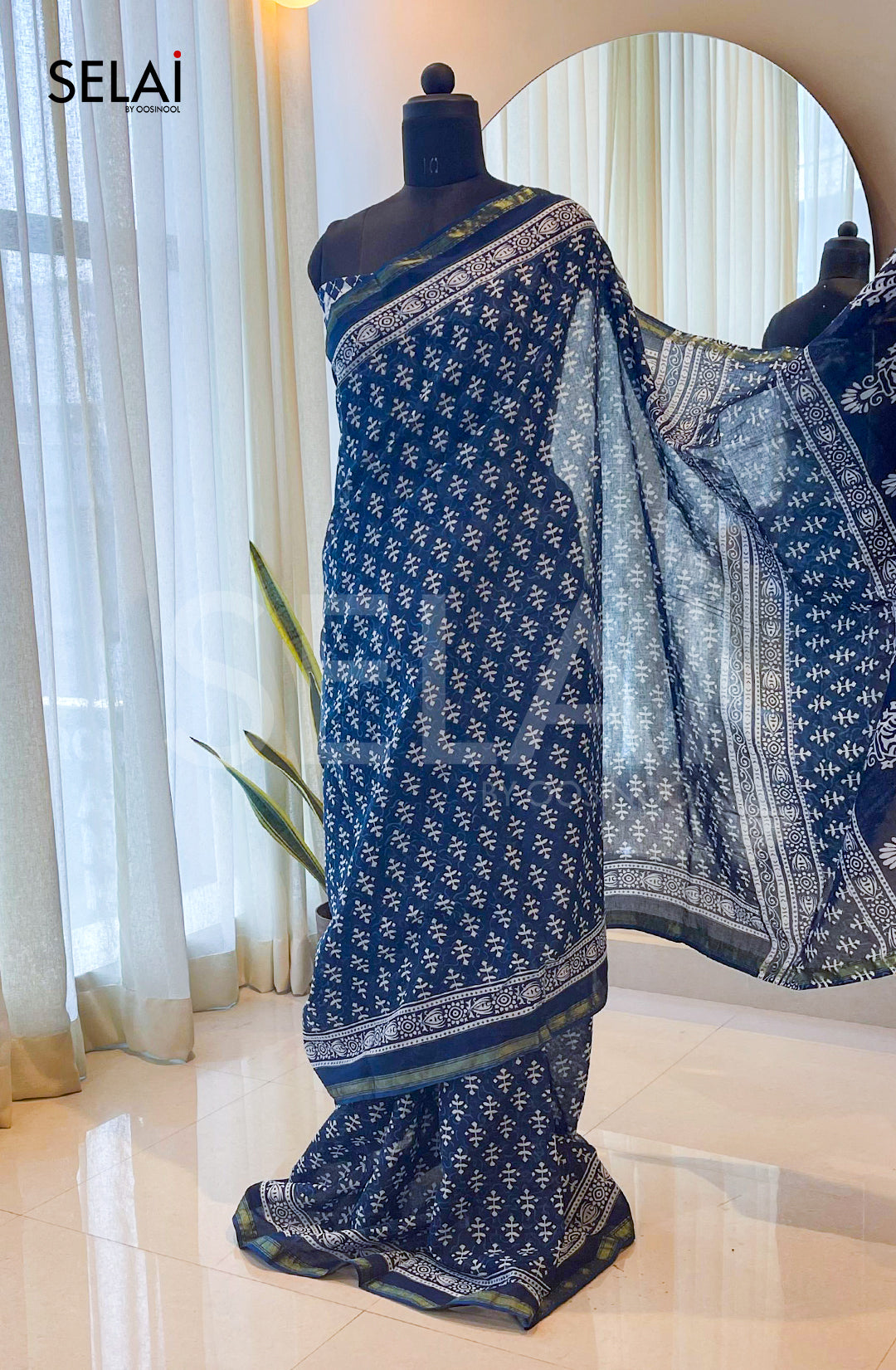 Ajrakh Print Cotton Saree (Indigo)