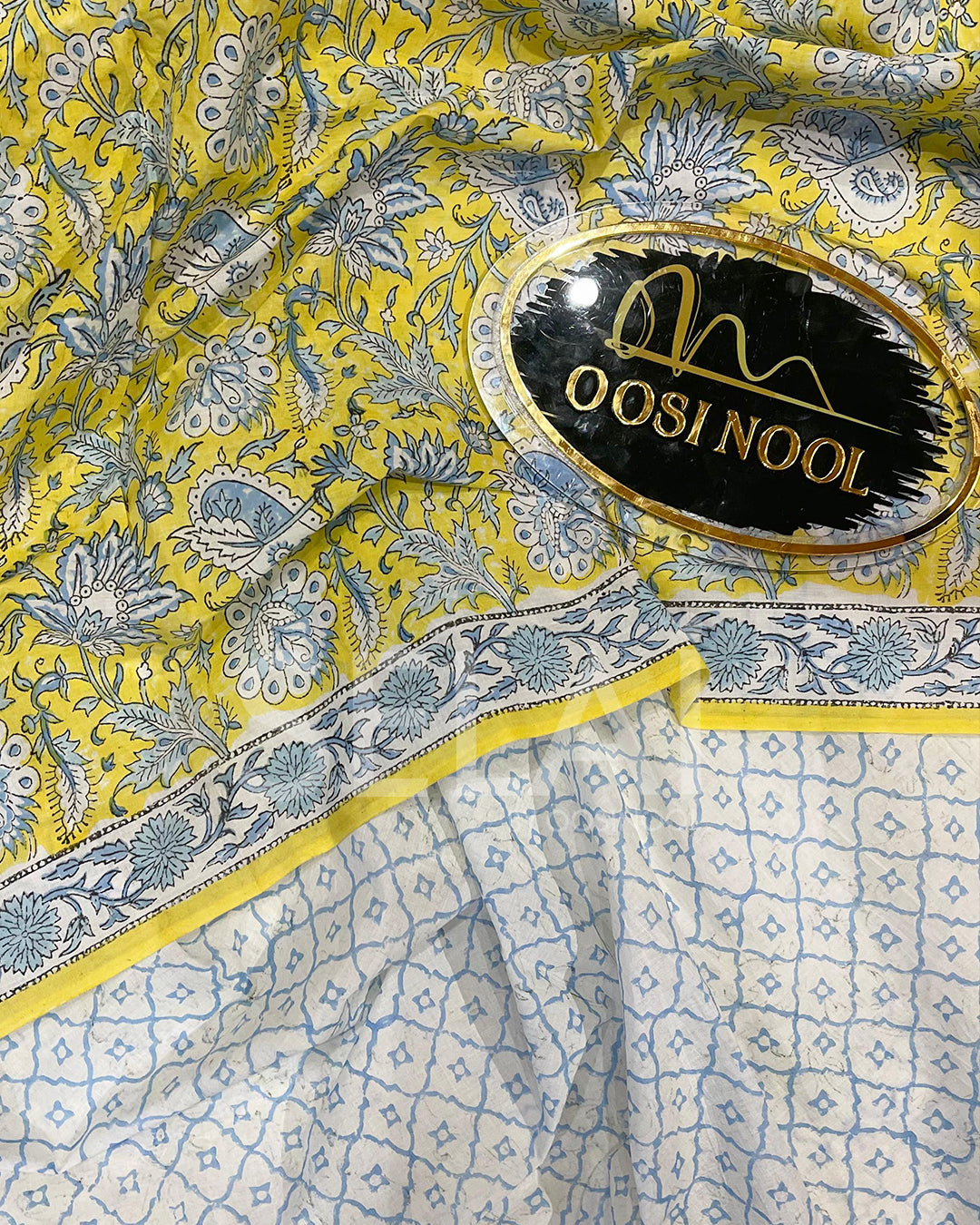 Ajrakh Print Mulmul Cotton Saree (Yellow & Blue)
