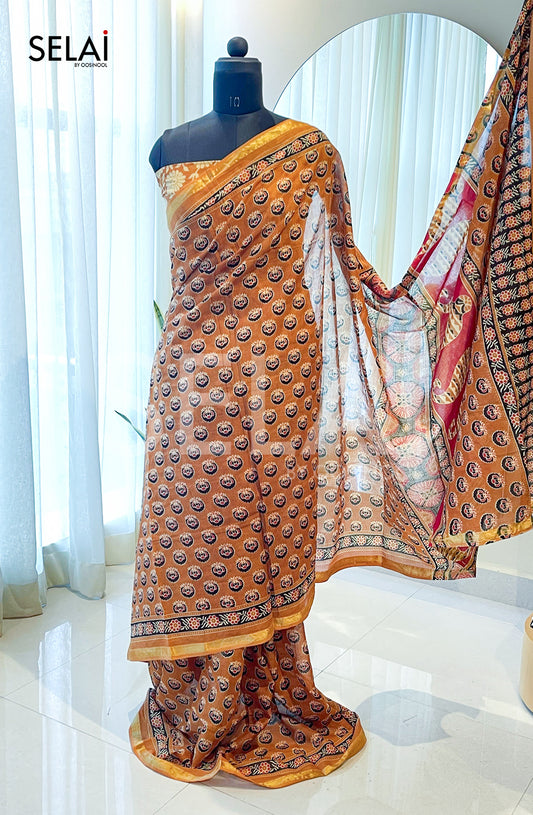 Ajrakh Print Cotton Saree (Mustard)