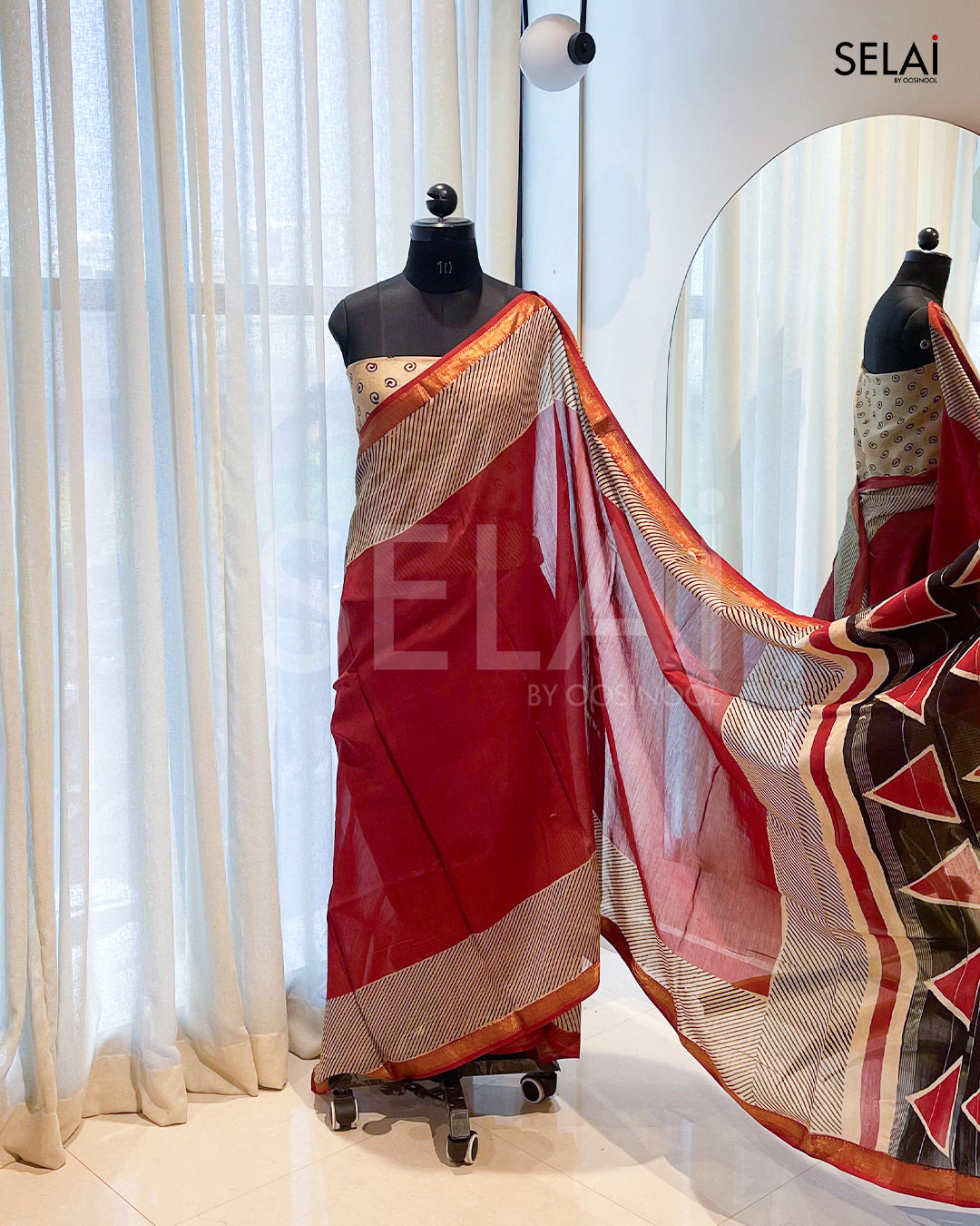 Red Chanderi Cotton Saree with Beige Border