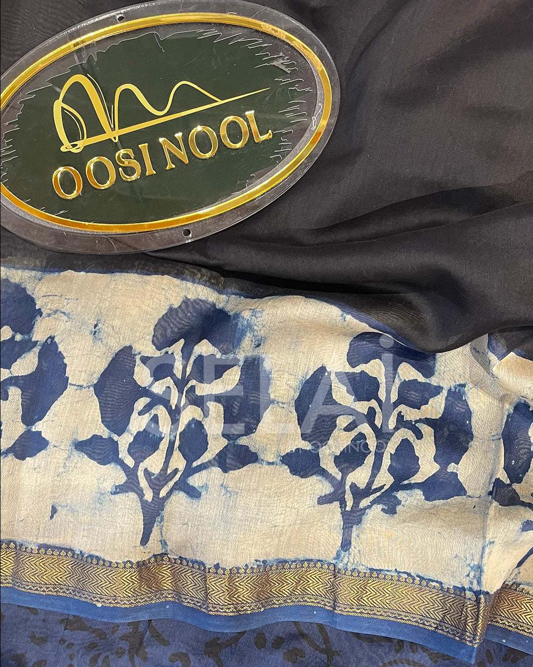 Black Chanderi Cotton Saree with Blue Border