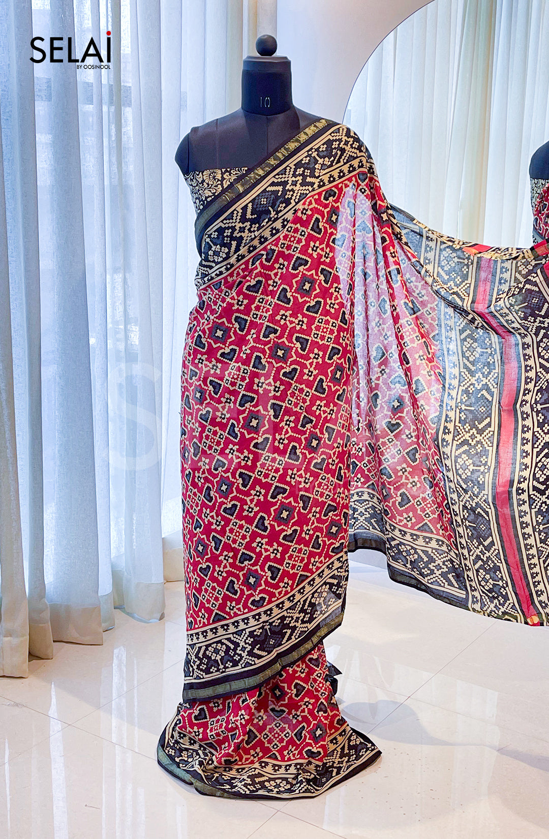 Ajrakh Print Cotton Saree (Red with Black)