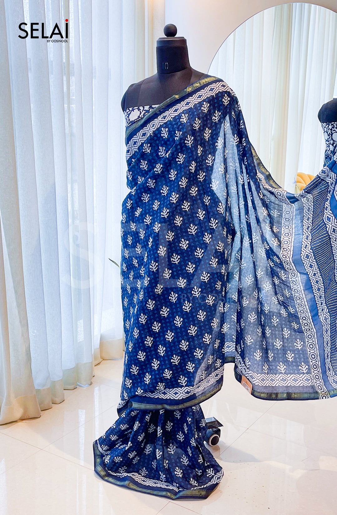 Ajrakh Print Cotton Saree (Indigo)
